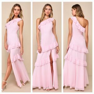New LULUS (M) Brilliant Grace Light Pink Ruffled One-Shoulder Maxi Dress $99